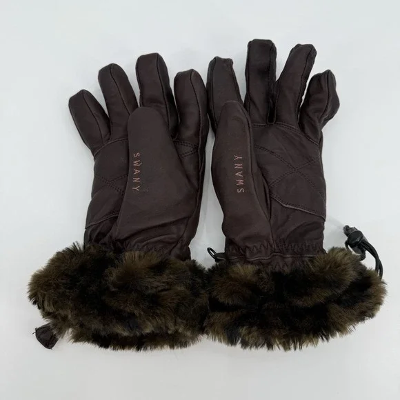 Swany Brown Genuine Leather Gloves With Faux Leopard Fur Trim Womens Size Medium - Picture 3 of 5